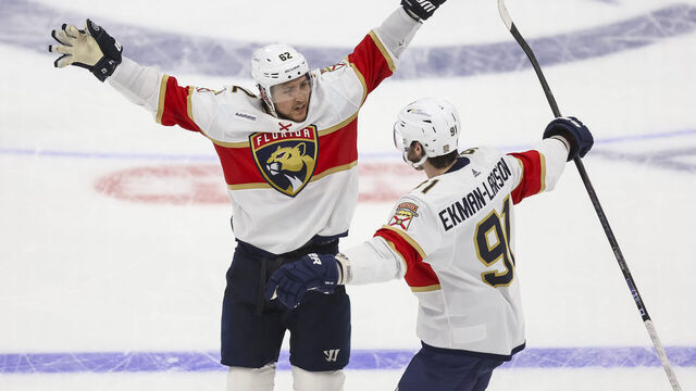 TAMPA, FL - APRIL 25: Brandon Montour #62 of the Florida Panthers celebrates a goal with teammate Oliver Ekman-Larsson #91 against the Tampa Bay Lightning in Game Three of the First Round of the 2024 Stanley Cup Playoffs at Amalie Arena on April 25, 2024 in Tampa, Florida.