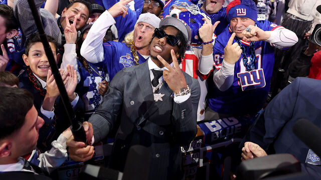 DETROIT, MICHIGAN - APRIL 25: Malik Nabers celebrates with fans after being selected sixth overall by the New York Giants during the first round of the 2024 NFL Draft at Campus Martius Park and Hart Plaza on April 25, 2024 in Detroit, Michigan.