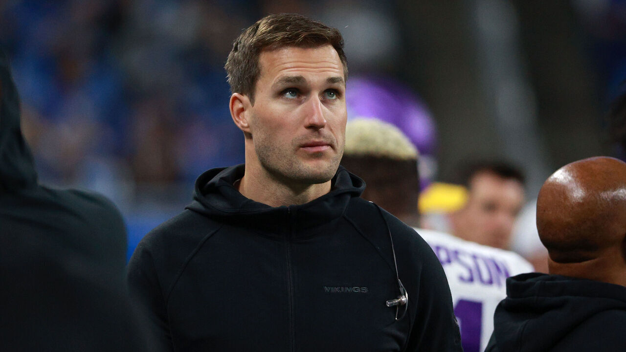 Minnesota Vikings quarterback Kirk Cousins (8) looks on from the sidelines during the second half of an NFL football game between the Minnesota Vikings and the Detroit Lions in Detroit, Michigan USA, on Sunday, January 7, 2024.