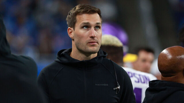 Minnesota Vikings quarterback Kirk Cousins (8) looks on from the sidelines during the second half of an NFL football game between the Minnesota Vikings and the Detroit Lions in Detroit, Michigan USA, on Sunday, January 7, 2024.