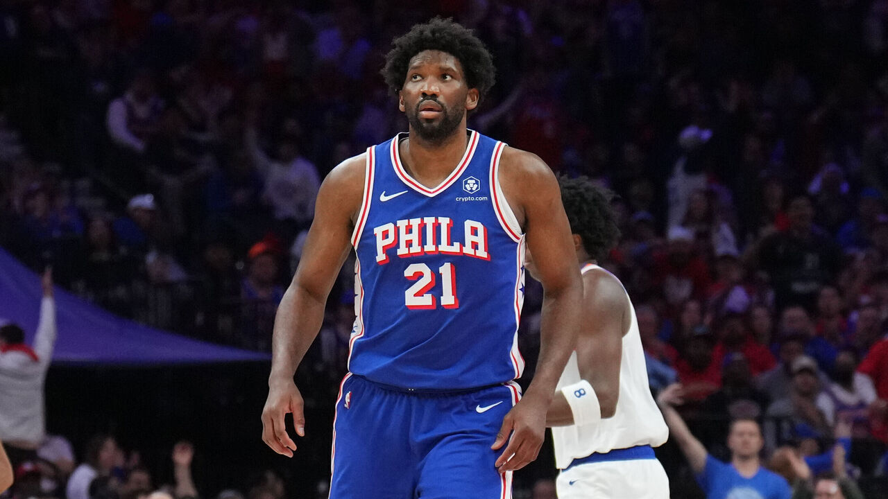 PHILADELPHIA, PA - APRIL 25: Joel Embiid #21 of the Philadelphia 76ers celebrates during the game against the New York Knicks during Round 1 Game 3 of the 2024 NBA Playoffs on April 25, 2024 at the Wells Fargo Center in Philadelphia, Pennsylvania NOTE TO USER: User expressly acknowledges and agrees that, by downloading and/or using this Photograph, user is consenting to the terms and conditions of the Getty Images License Agreement. Mandatory Copyright Notice: Copyright 2024 NBAE