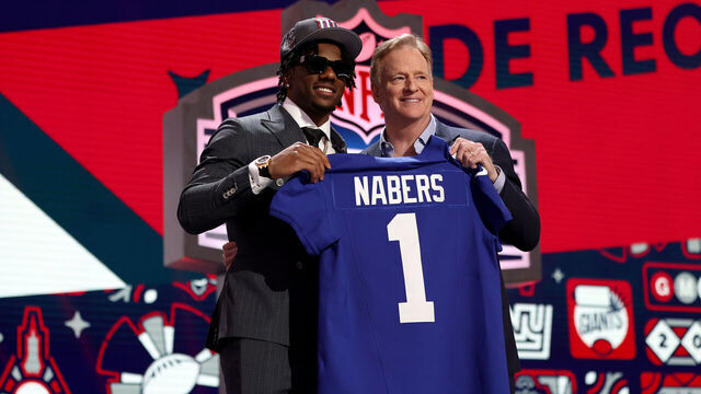 DETROIT, MICHIGAN - APRIL 25: (L-R) Malik Nabers poses with NFL Commissioner Roger Goodell after being selected sixth overall by the New York Giants during the first round of the 2024 NFL Draft at Campus Martius Park and Hart Plaza on April 25, 2024 in Detroit, Michigan.