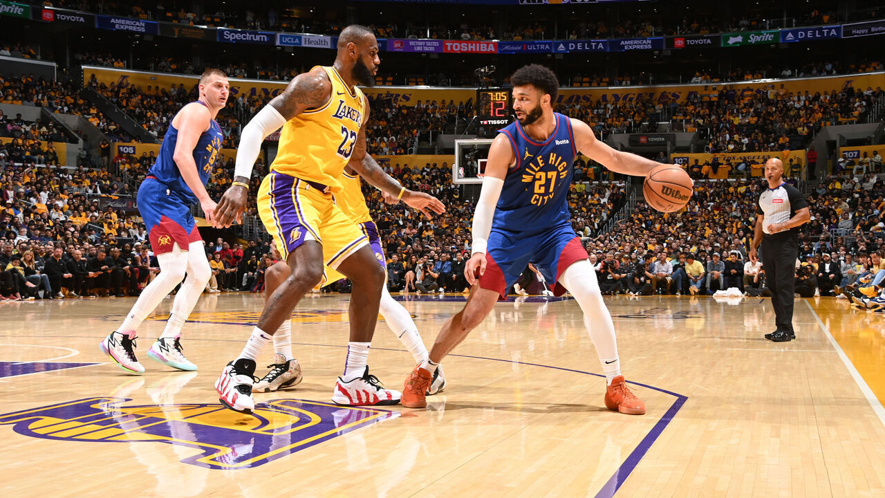 LOS ANGELES, CA - APRIL 25: Jamal Murray #27 of the Denver Nuggets dribbles the ball during the game against the Los Angeles Lakers during Round 1 Game 3 of the 2024 NBA Playoffs on April 25, 2024 at Crypto.Com Arena in Los Angeles, California. NOTE TO USER: User expressly acknowledges and agrees that, by downloading and/or using this Photograph, user is consenting to the terms and conditions of the Getty Images License Agreement. Mandatory Copyright Notice: Copyright 2024 NBAE