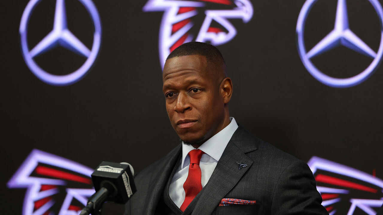 ATLANTA, GEORGIA - FEBRUARY 05: Raheem Morris speaks to the media after being introduced as the head coach of the Atlanta Falcons at Mercedes-Benz Stadium on February 05, 2024 in Atlanta, Georgia.