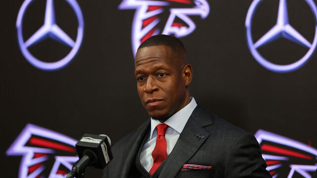ATLANTA, GEORGIA - FEBRUARY 05: Raheem Morris speaks to the media after being introduced as the head coach of the Atlanta Falcons at Mercedes-Benz Stadium on February 05, 2024 in Atlanta, Georgia.