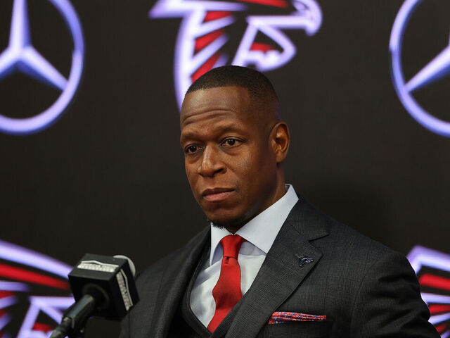 ATLANTA, GEORGIA - FEBRUARY 05: Raheem Morris speaks to the media after being introduced as the head coach of the Atlanta Falcons at Mercedes-Benz Stadium on February 05, 2024 in Atlanta, Georgia.