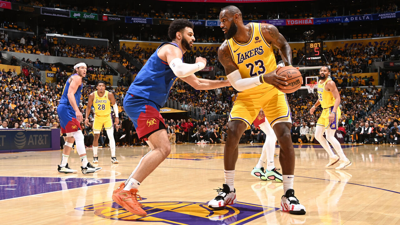LOS ANGELES, CA - APRIL 25: LeBron James #23 of the Los Angeles Lakers dribbles the ball during the game against the Denver Nuggets during Round 1 Game 3 of the 2024 NBA Playoffs on April 25, 2024 at Crypto.Com Arena in Los Angeles, California. NOTE TO USER: User expressly acknowledges and agrees that, by downloading and/or using this Photograph, user is consenting to the terms and conditions of the Getty Images License Agreement. Mandatory Copyright Notice: Copyright 2024 NBAE