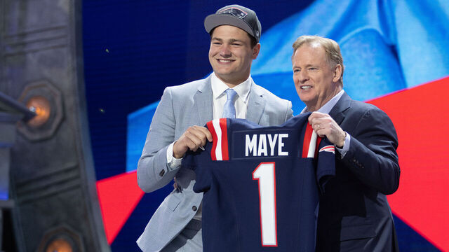 DETROIT, MI - APRIL 25: NFL Commissioner Roger Goodell poses with North Carolina Quarterback Drake Maye moments after the New England Patriots take Maye third overall during day 1 of the NFL Draft on April 25, 2024 at Fox Theatre in Detroit, MI.