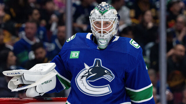 VANCOUVER, BC - APRIL 21: Vancouver Canucks goaltender Thatcher Demko (35) waits for a face off during Game One of the First Round of the 2024 Stanley Cup playoffs between the Nashville Predators and the Vancouver Canucks on April 21, 2024, at Rogers Arena in Vancouver, B.C.