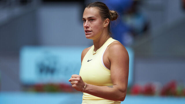 MADRID, SPAIN - APRIL 26: Aryna Sabalenka reacts during her match against Magda Linette of Poland during their Women's Singles Round of 64nd match on Day Four of the Mutua Madrid Open at La Caja Magica on April 26, 2024 in Madrid, Spain.