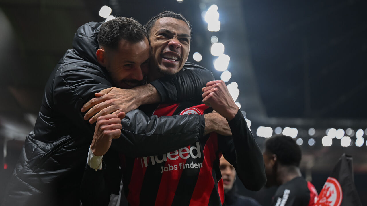 FRANKFURT AM MAIN, GERMANY - APRIL 19: Hugo Ekitike of Eintracht Frankfurt celebrates after scoring his team’s second goal during the Bundesliga match between Eintracht Frankfurt and FC Augsburg at Deutsche Bank Park on April 19, 2024 in Frankfurt am Main, Germany.