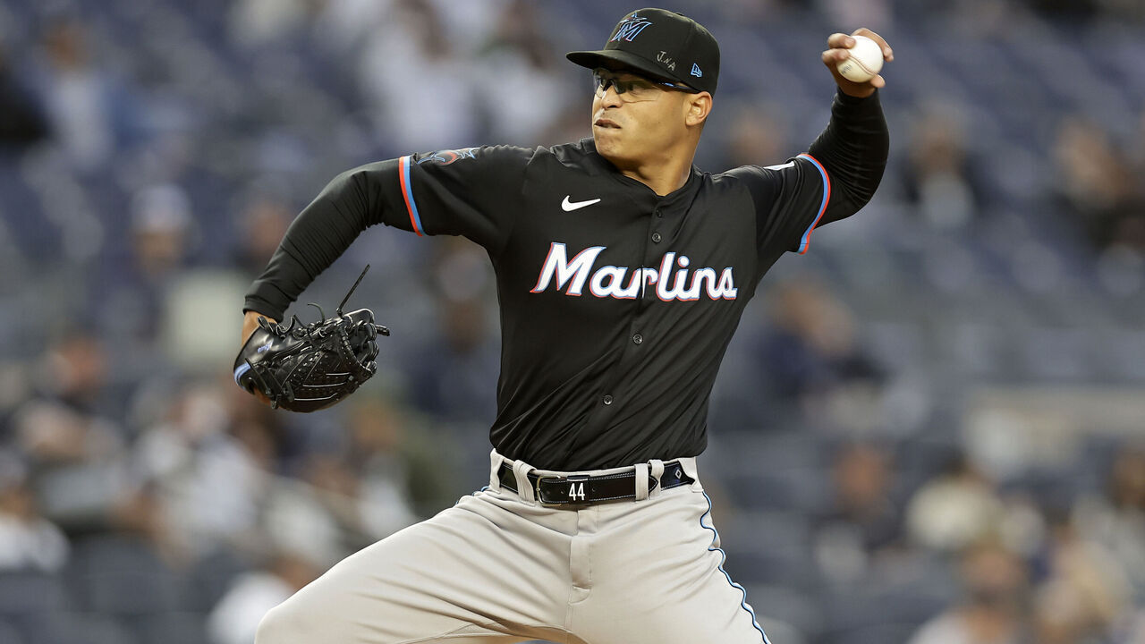 NEW YORK, NEW YORK - APRIL 08: (NEW YORK DAILIES OUT) Jesus Luzardo #44 of the Miami Marlins in action against the New York Yankees at Yankee Stadium on April 08, 2024 in New York City. The Yankees defeated the Marlins 7-0.