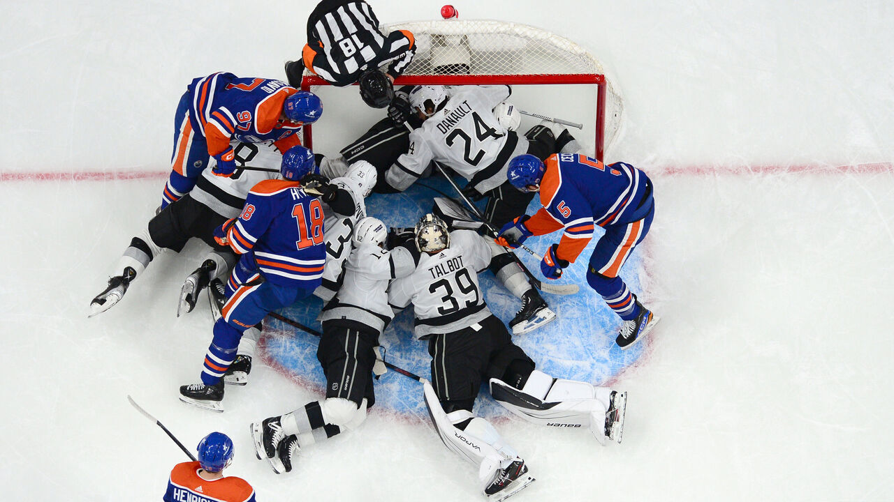 EDMONTON, CANADA - APRIL 24: Players scramble in the crease of goaltender Cam Talbot #39 of the Los Angeles Kings during the first period in Game Two of the First Round of the 2024 Stanley Cup Playoffs against the Edmonton Oilers at Rogers Place on April 24, 2024, in Edmonton, Alberta, Canada.