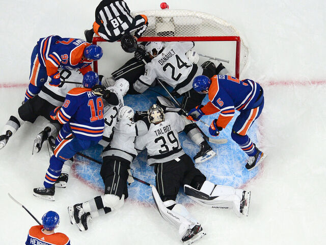 EDMONTON, CANADA - APRIL 24: Players scramble in the crease of goaltender Cam Talbot #39 of the Los Angeles Kings during the first period in Game Two of the First Round of the 2024 Stanley Cup Playoffs against the Edmonton Oilers at Rogers Place on April 24, 2024, in Edmonton, Alberta, Canada.