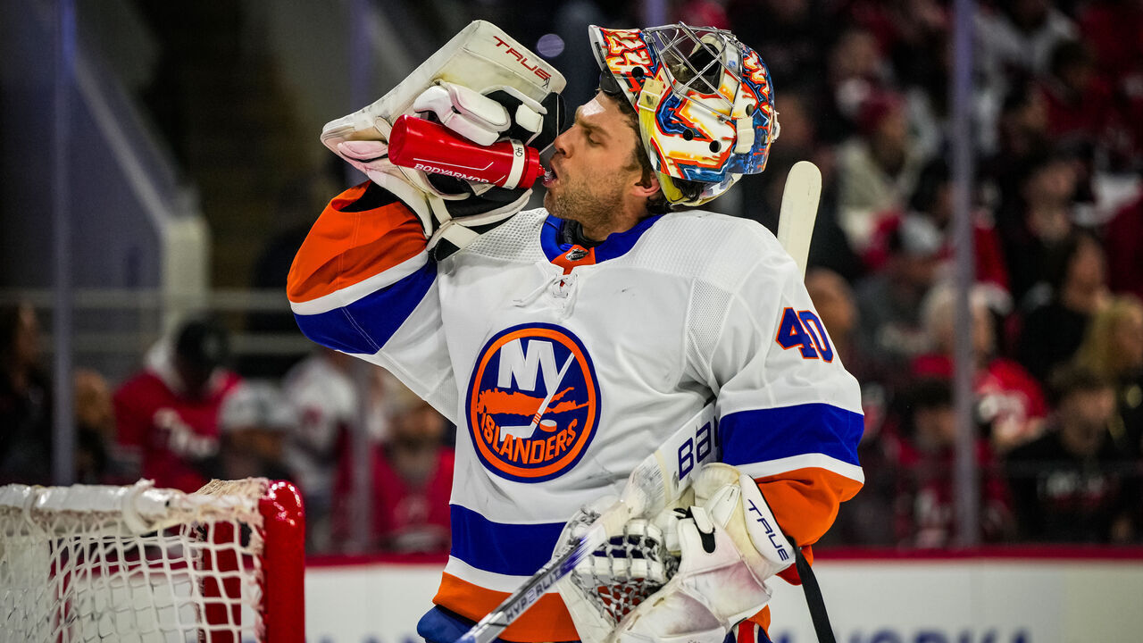 RALEIGH, NORTH CAROLINA - APRIL 22: Semyon Varlamov #40 of the New York Islanders during a stoppage in play during the first period against the Carolina Hurricanes in Game Two of the First Round of the 2024 Stanley Cup Playoffs at PNC Arena on April 22, 2024 in Raleigh, North Carolina.
