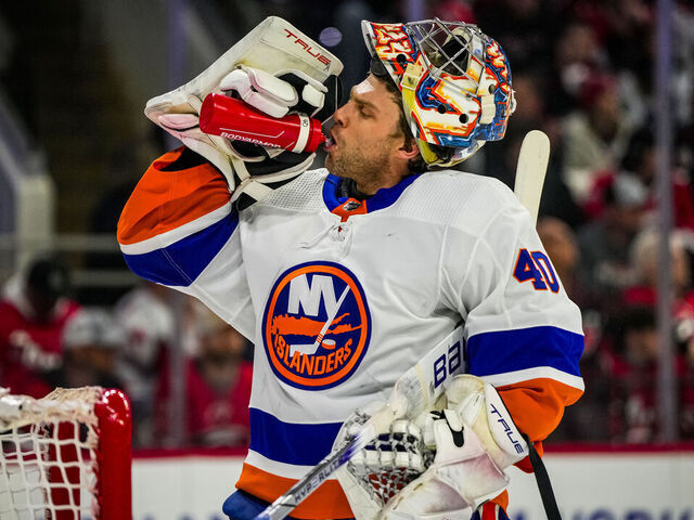 RALEIGH, NORTH CAROLINA - APRIL 22: Semyon Varlamov #40 of the New York Islanders during a stoppage in play during the first period against the Carolina Hurricanes in Game Two of the First Round of the 2024 Stanley Cup Playoffs at PNC Arena on April 22, 2024 in Raleigh, North Carolina.