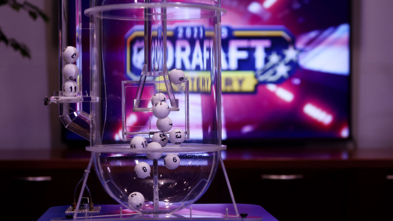 SECAUCUS, NEW JERSEY - MAY 08: The lottery balls take flight during the 2023 NHL Draft Lottery on May 08, 2023 at NHL Network Studio in Secaucus, New Jersey.
