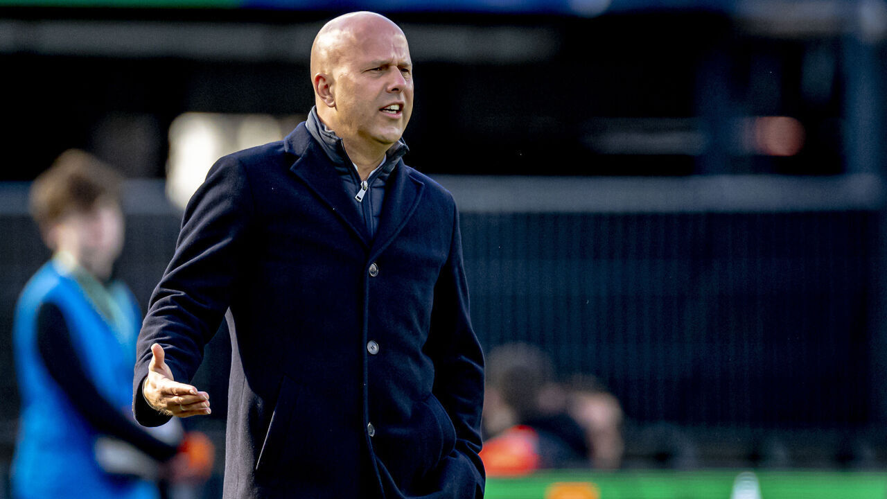 Arne Slot, the Feyenoord coach, is watching the match between Feyenoord and NEC at the De Kuip Stadium in Rotterdam, Netherlands, on April 21, 2024, for the Toto KNVB Cup Final of the 2023-2024 season.