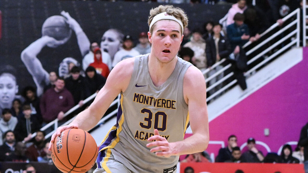 SPRINGFIELD, MA - JANUARY 14: Liam McNeeley of Montverde Academy (30) drives to the basket while being defended by Winters Grady of Prolific Prep (2) during the first half of the Spalding Hoophall Classic high school basketball game between Montverde Academy and Prolific Prep on January 14, 2024 at Blake Arena in Springfield, MA
