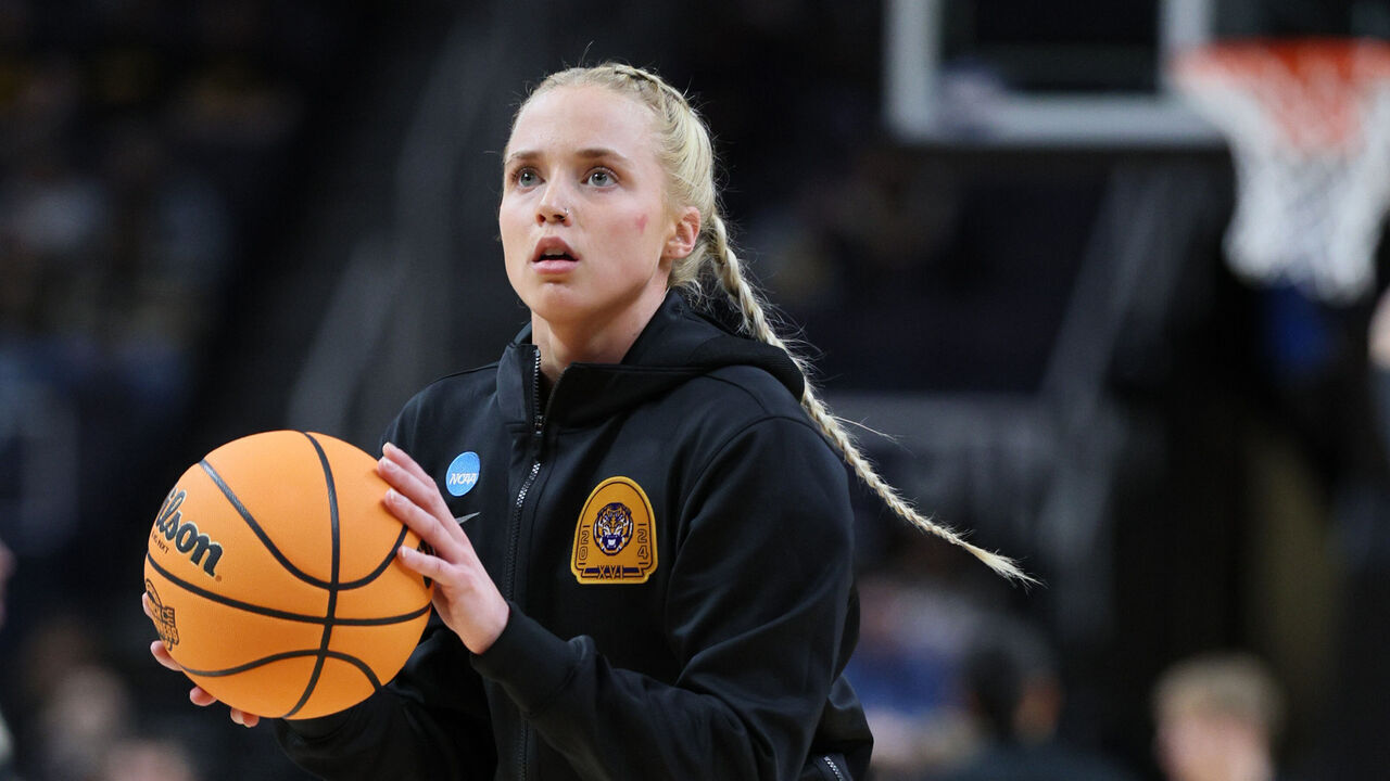 ALBANY, NEW YORK - APRIL 01: Hailey Van Lith #11 of the LSU Tigers looks on prior to a game against the Iowa Hawkeyes in the Elite 8 round of the NCAA Women's Basketball Tournament at MVP Arena on April 01, 2024 in Albany, New York.