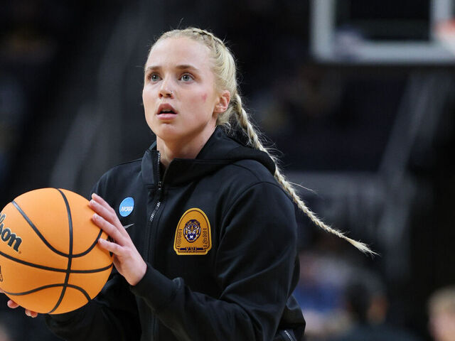 ALBANY, NEW YORK - APRIL 01: Hailey Van Lith #11 of the LSU Tigers looks on prior to a game against the Iowa Hawkeyes in the Elite 8 round of the NCAA Women's Basketball Tournament at MVP Arena on April 01, 2024 in Albany, New York.