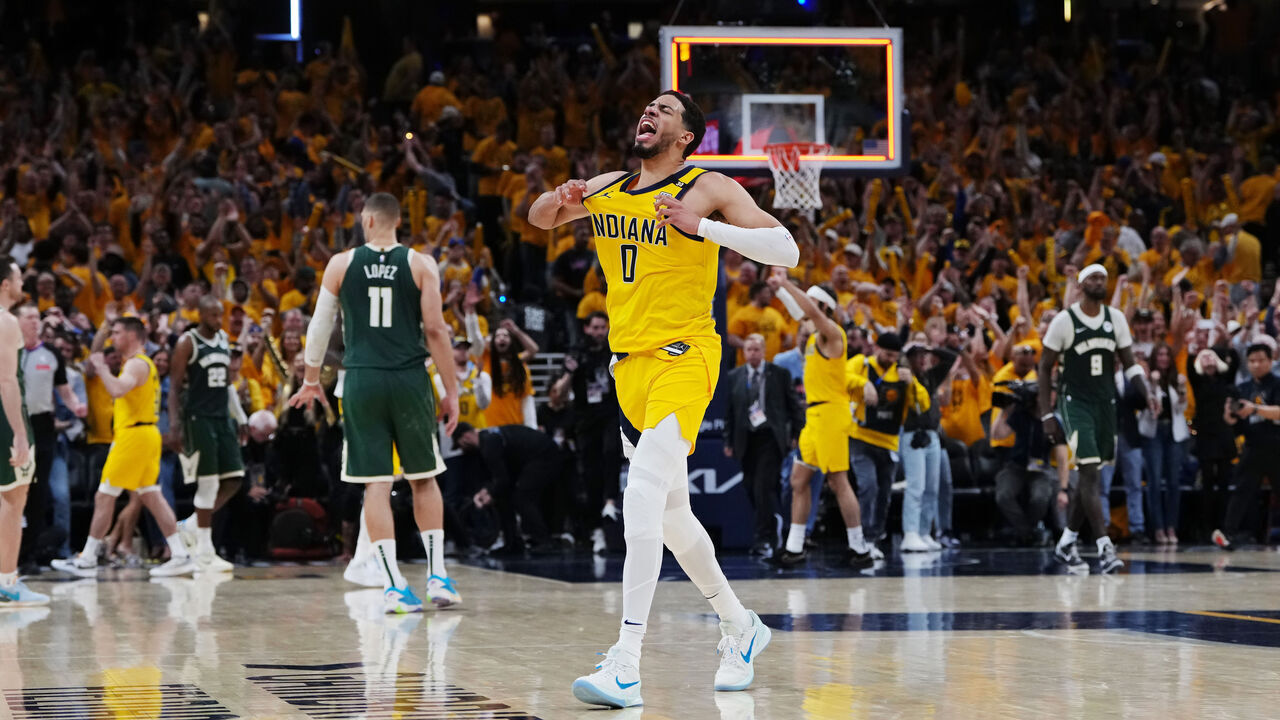 INDIANAPOLIS, INDIANA - APRIL 26: Tyrese Haliburton #0 of the Indiana Pacers celebrates after beating the Milwaukee Bucks 121-119 in overtime during game three of the Eastern Conference First Round Playoffs at Gainbridge Fieldhouse on April 26, 2024 in Indianapolis, Indiana.