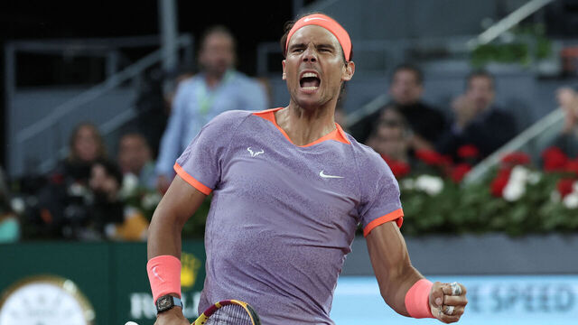 Spain's Rafael Nadal reacts during the second round of the 2024 ATP Tour Madrid Open tournament tennis match against Australia's Alex De Minaur at Caja Magica in Madrid on April 27, 2024.