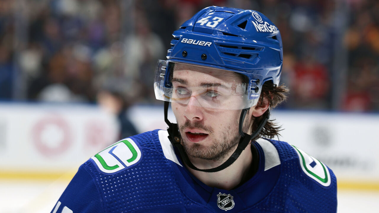 VANCOUVER, CANADA - APRIL 16: Quinn Hughes #43 of the Vancouver Canucks skates up ice during their NHL game against the Calgary Flames at Rogers Arena on April 16, 2024 in Vancouver, British Columbia, Canada.