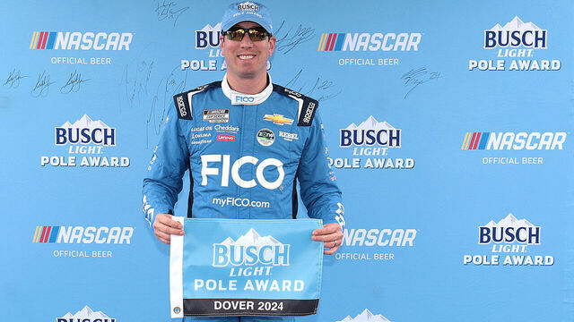 DOVER, DELAWARE - APRIL 27: Kyle Busch, driver of the #8 FICO Chevrolet, poses for photos after winning the pole award during qualifying for the NASCAR Cup Series Würth 400 at Dover International Speedway on April 27, 2024 in Dover, Delaware.