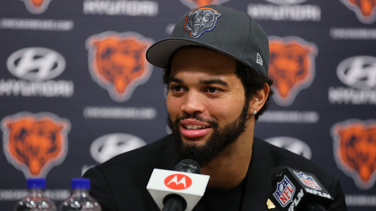LAKE FOREST, ILLINOIS - APRIL 26: Caleb Williams #18 of the Chicago Bears speaks answers a question from the media during his introductory press conference at Halas Hall on April 26, 2024 in Lake Forest, Illinois. Caleb Williams was drafted first overall in the 2024 NFL Draft on Thursday.