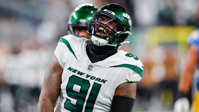 EAST RUTHERFORD, NJ - NOVEMBER 06: John Franklin-Myers #91 of the New York Jets reacts after a sack during the game against the Los Angeles Chargers on November 6, 2023 at MetLife Stadium in East Rutherford, New Jersey.