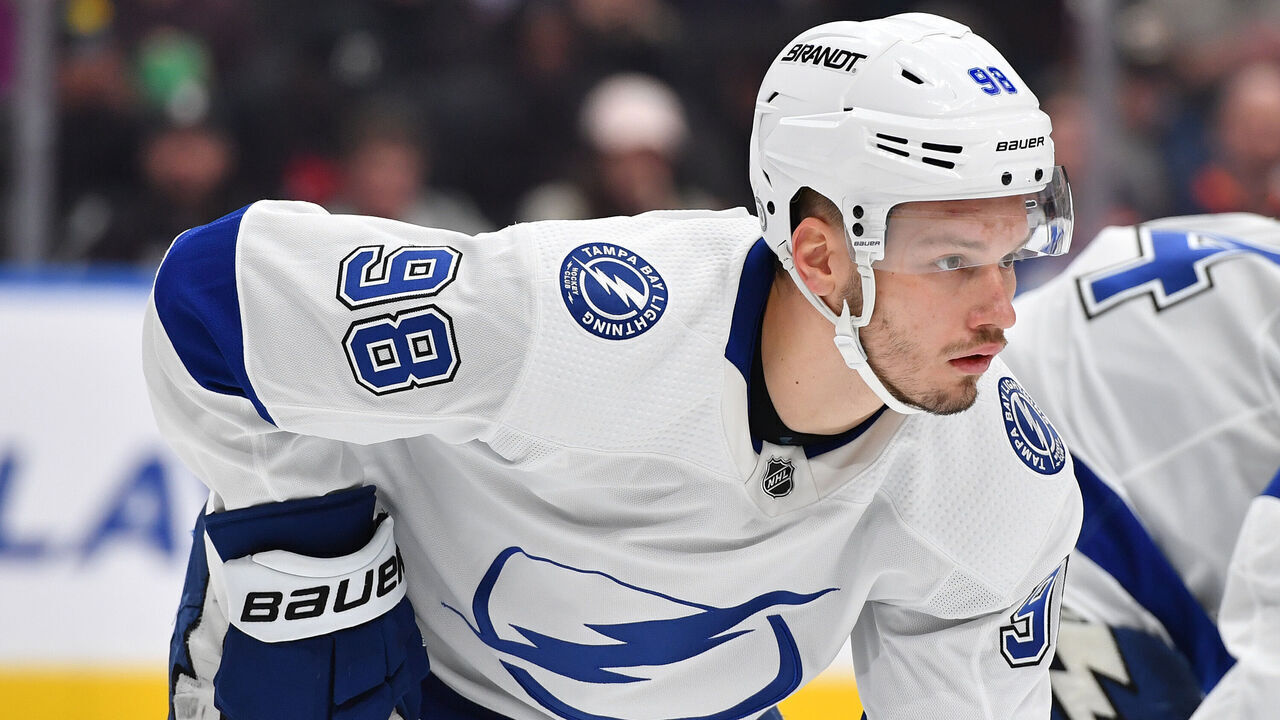 EDMONTON, CANADA - DECEMBER 14: Mikhail Sergachev #98 of the Tampa Bay Lightning awaits a face-off during the game against the Edmonton Oilers at Rogers Place on December 14, 2023, in Edmonton, Alberta, Canada.