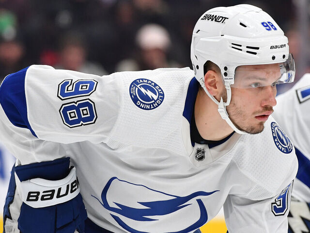 EDMONTON, CANADA - DECEMBER 14: Mikhail Sergachev #98 of the Tampa Bay Lightning awaits a face-off during the game against the Edmonton Oilers at Rogers Place on December 14, 2023, in Edmonton, Alberta, Canada.