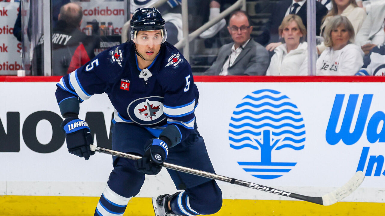 WINNIPEG, CANADA - APRIL 23: Brenden Dillon #5 of the Winnipeg Jets follows the play down the ice during first period action against the Colorado Avalanche in Game Two of the First Round of the 2024 Stanley Cup Playoffs at the Canada Life Centre on April 23, 2024 in Winnipeg, Manitoba, Canada.