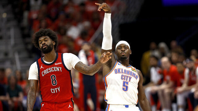 NEW ORLEANS, LOUISIANA - APRIL 27: Naji Marshall #8 of the New Orleans Pelicans reacts after Luguentz Dort #5 of the Oklahoma City Thunder scores a three point basket during the second quarter in Game Three of the first round of the 2024 NBA Playoffs at Smoothie King Center on April 27, 2024 in New Orleans, Louisiana.