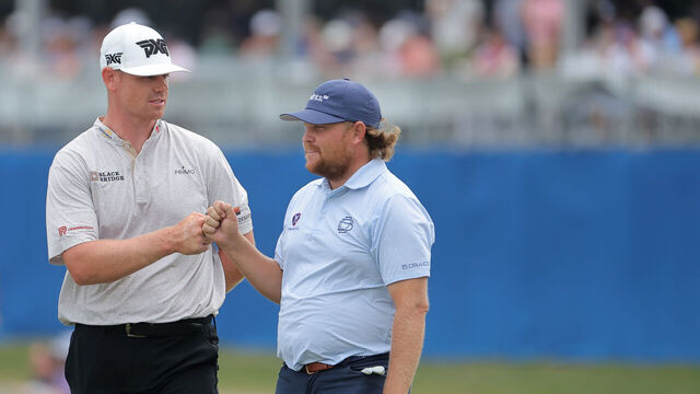 AVONDALE, LOUISIANA - APRIL 27: (L-R) Patrick Fishburn of the United States and Zac Blair of the United States celebrate on the 18th green during the third round of the Zurich Classic of New Orleans at TPC Louisiana on April 27, 2024 in Avondale, Louisiana.