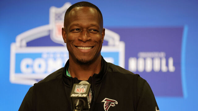 INDIANAPOLIS, INDIANA - FEBRUARY 27: Head coach Raheem Morris of the Atlanta Falcons speaks to the media during the NFL Combine at the Indiana Convention Center on February 27, 2024 in Indianapolis, Indiana.