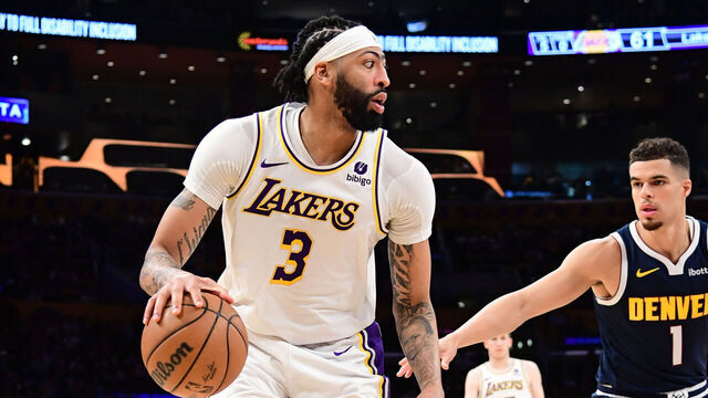 LOS ANGELES, CA - APRIL 27: Anthony Davis #3 of the Los Angeles Lakers dribbles the ball during the game against the Denver Nuggets during Round 1 Game 4 of the 2024 NBA Playoffs on April 27, 2024 at Crypto.Com Arena in Los Angeles, California. NOTE TO USER: User expressly acknowledges and agrees that, by downloading and/or using this Photograph, user is consenting to the terms and conditions of the Getty Images License Agreement. Mandatory Copyright Notice: Copyright 2024 NBAE