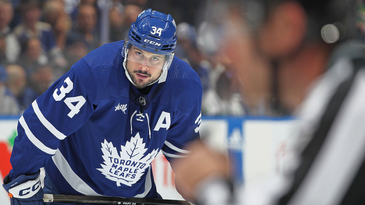 TORONTO, CANADA - APRIL 24: Auston Matthews #34 of the Toronto Maple Leafs gets set on the powerplay against the Boston Bruins in Game Three of the First Round of the 2024 Stanley Cup Playoffs at Scotiabank Arena on April 24, 2024 in Toronto, Ontario, Canada. The Bruins defeated the Maple Leafs 4-2.
