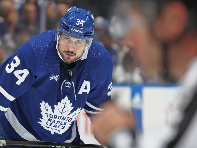 TORONTO, CANADA - APRIL 24: Auston Matthews #34 of the Toronto Maple Leafs gets set on the powerplay against the Boston Bruins in Game Three of the First Round of the 2024 Stanley Cup Playoffs at Scotiabank Arena on April 24, 2024 in Toronto, Ontario, Canada. The Bruins defeated the Maple Leafs 4-2.