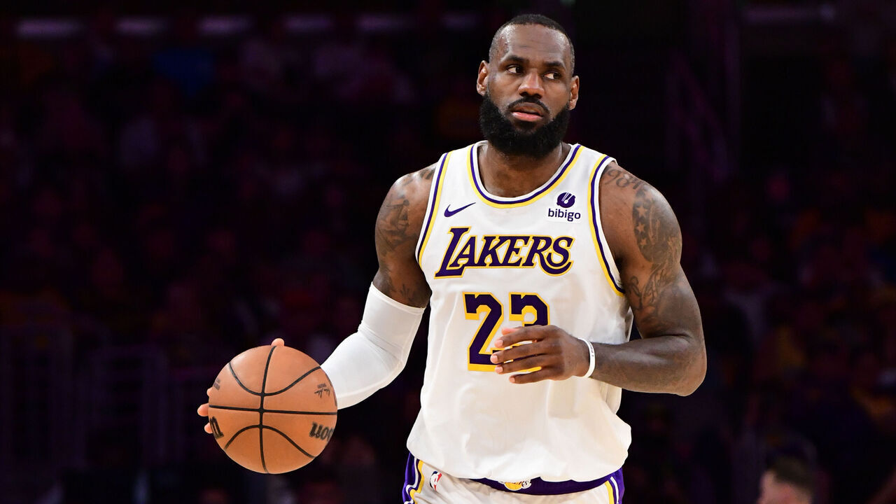 LOS ANGELES, CA - APRIL 27: LeBron James #23 of the Los Angeles Lakers dribbles the ball during the game against the Denver Nuggets during Round 1 Game 4 of the 2024 NBA Playoffs on April 27, 2024 at Crypto.Com Arena in Los Angeles, California. NOTE TO USER: User expressly acknowledges and agrees that, by downloading and/or using this Photograph, user is consenting to the terms and conditions of the Getty Images License Agreement. Mandatory Copyright Notice: Copyright 2024 NBAE