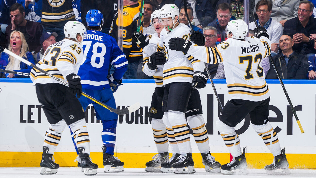 TORONTO, ON - APRIL 27: James van Riemsdyk #21 of the Boston Bruins celebrates his goal against the Toronto Maple Leafs with teammates Danton Heinen #43, Trent Frederic #11 and Charlie McAvoy #73 during the first period in Game Four of the First Round of the 2024 Stanley Cup Playoffs at Scotiabank Arena on April 27, 2024 in Toronto, Ontario, Canada.