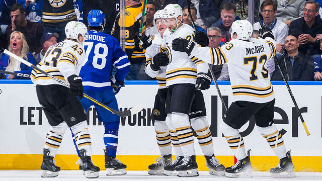 TORONTO, ON - APRIL 27: James van Riemsdyk #21 of the Boston Bruins celebrates his goal against the Toronto Maple Leafs with teammates Danton Heinen #43, Trent Frederic #11 and Charlie McAvoy #73 during the first period in Game Four of the First Round of the 2024 Stanley Cup Playoffs at Scotiabank Arena on April 27, 2024 in Toronto, Ontario, Canada.