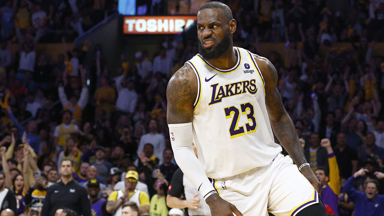 LOS ANGELES, CALIFORNIA - APRIL 27: LeBron James #23 of the Los Angeles Lakers after making a slam dunk against the Denver Nuggets in the second half during game four of the Western Conference First Round Playoffs at Crypto.com Arena on April 27, 2024 in Los Angeles, California. NOTE TO USER: User expressly acknowledges and agrees that, by downloading and/or using this photograph, user is consenting to the terms and conditions of the Getty Images License Agreement.
