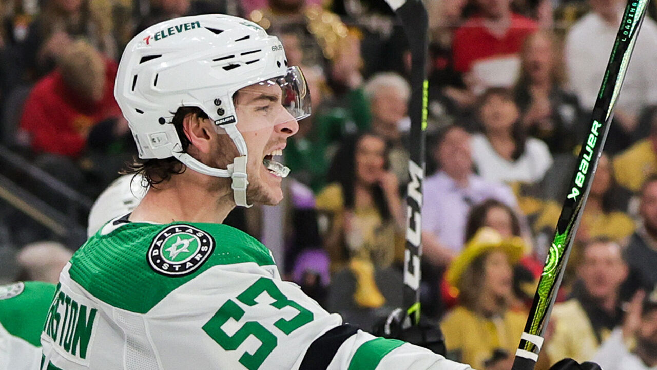 LAS VEGAS, NEVADA - APRIL 27: Wyatt Johnston #53 of the Dallas Stars reacts after scoring a first-period goal against the Vegas Golden Knights in Game Three of the First Round of the 2024 Stanley Cup Playoffs at T-Mobile Arena on April 27, 2024 in Las Vegas, Nevada.