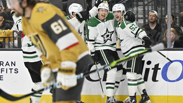 LAS VEGAS, NEVADA - APRIL 27: Wyatt Johnston #53 of the Dallas Stars celebrates with teammates after scoring the game-winning goal in overtime to defeat the Vegas Golden Knights in Game Three of the First Round of the 2024 Stanley Cup Playoffs at T-Mobile Arena on April 27, 2024 in Las Vegas, Nevada.