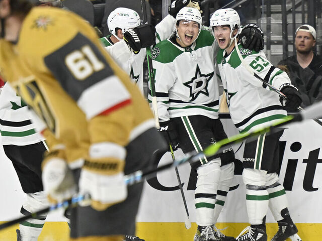 LAS VEGAS, NEVADA - APRIL 27: Wyatt Johnston #53 of the Dallas Stars celebrates with teammates after scoring the game-winning goal in overtime to defeat the Vegas Golden Knights in Game Three of the First Round of the 2024 Stanley Cup Playoffs at T-Mobile Arena on April 27, 2024 in Las Vegas, Nevada.
