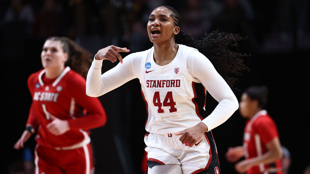 PORTLAND, OREGON - MARCH 29: Kiki Iriafen #44 of the Stanford Cardinal yells after making a three-point basket during the Sweet Sixteen round of the 2024 NCAA Women's Basketball Tournament held at the Moda Center on March 29, 2024 in Portland, Oregon.