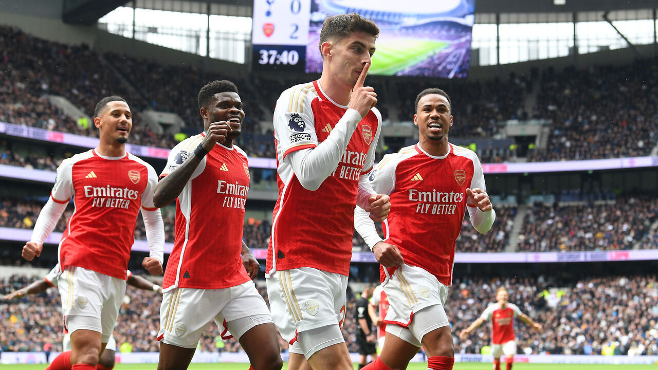 LONDON, ENGLAND - APRIL 28: Kai Havertz celebrates scoring his team's third goal with William Saliba, Thomas Partey and Gabriel of Arsenal during the Premier League match between Tottenham Hotspur and Arsenal FC at Tottenham Hotspur Stadium on April 28, 2024 in London, England.