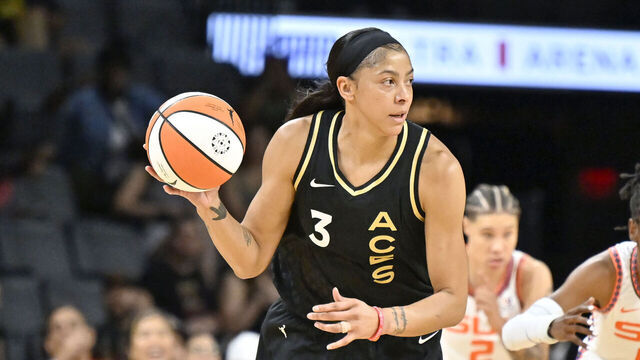 LAS VEGAS, NV - JULY 1: Candace Parker #3 of the Las Vegas Aces handles the ball during the game on July 1, 2023 at Michelob ULTRA Arena in Las Vegas, Nevada. Mandatory Copyright Notice: Copyright 2023 NBAE